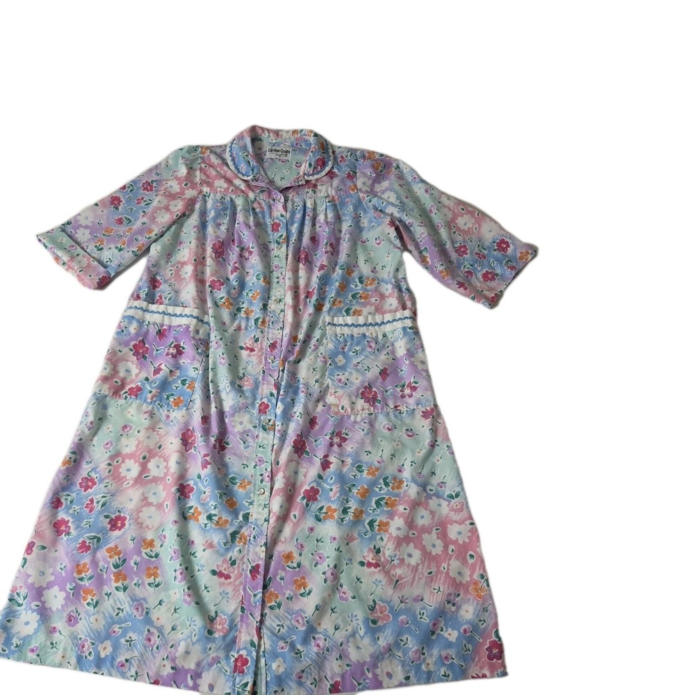 Vtg Saybury Coffee Coats Floral Housecoat Robe Snap Front Granny Gown Size L